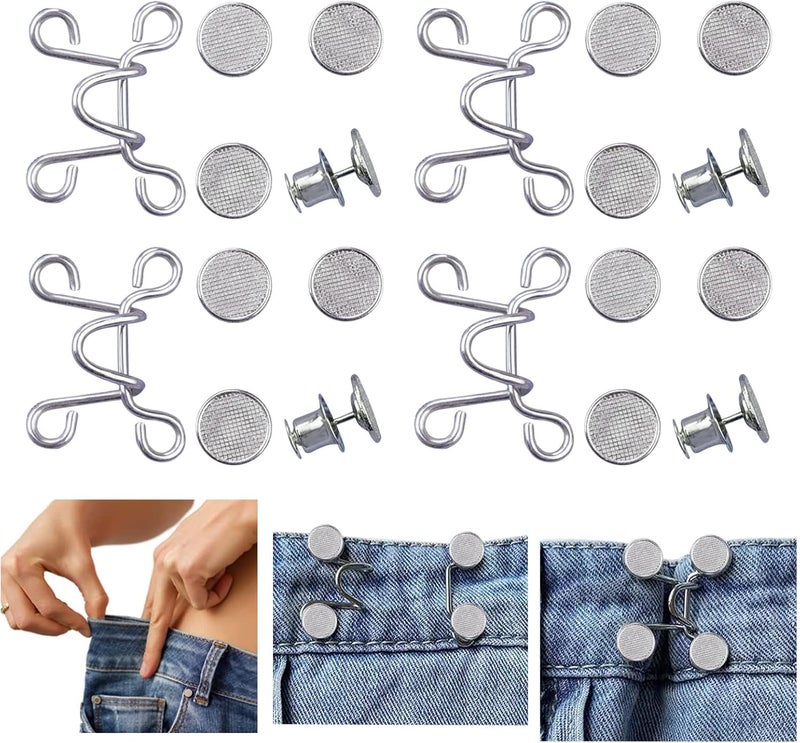 Urmspst 4 Set Pant Waist Tightener, Adjustable Waist Buckle Set, Extra Button for Jeans to Make Tighter, Button Adjuster for Pants, Jeans, Skirts, Sleeves, (Silver) - Image 1